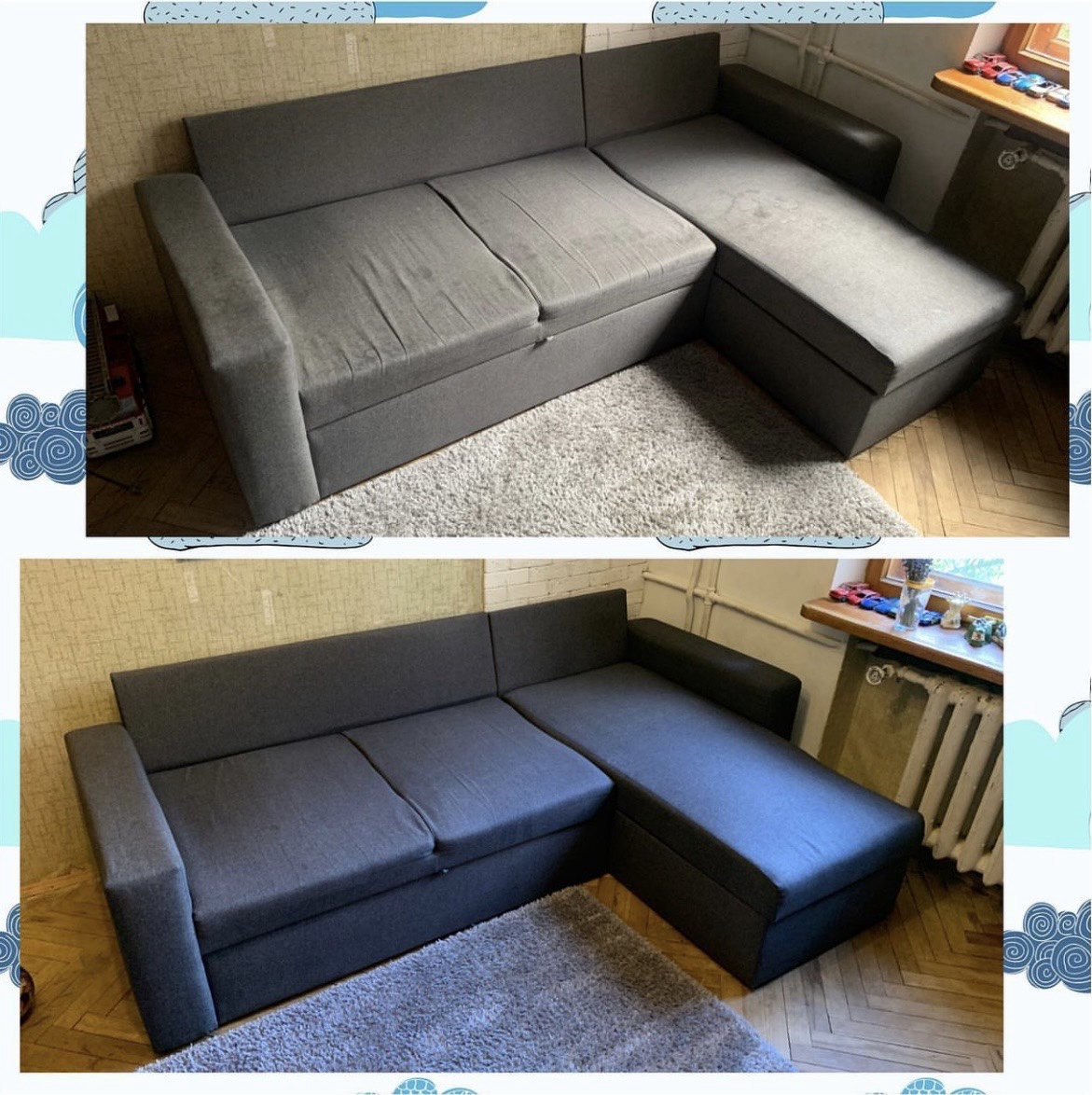 Vorher-Nachher Ecksofa nach Polsterreinigung