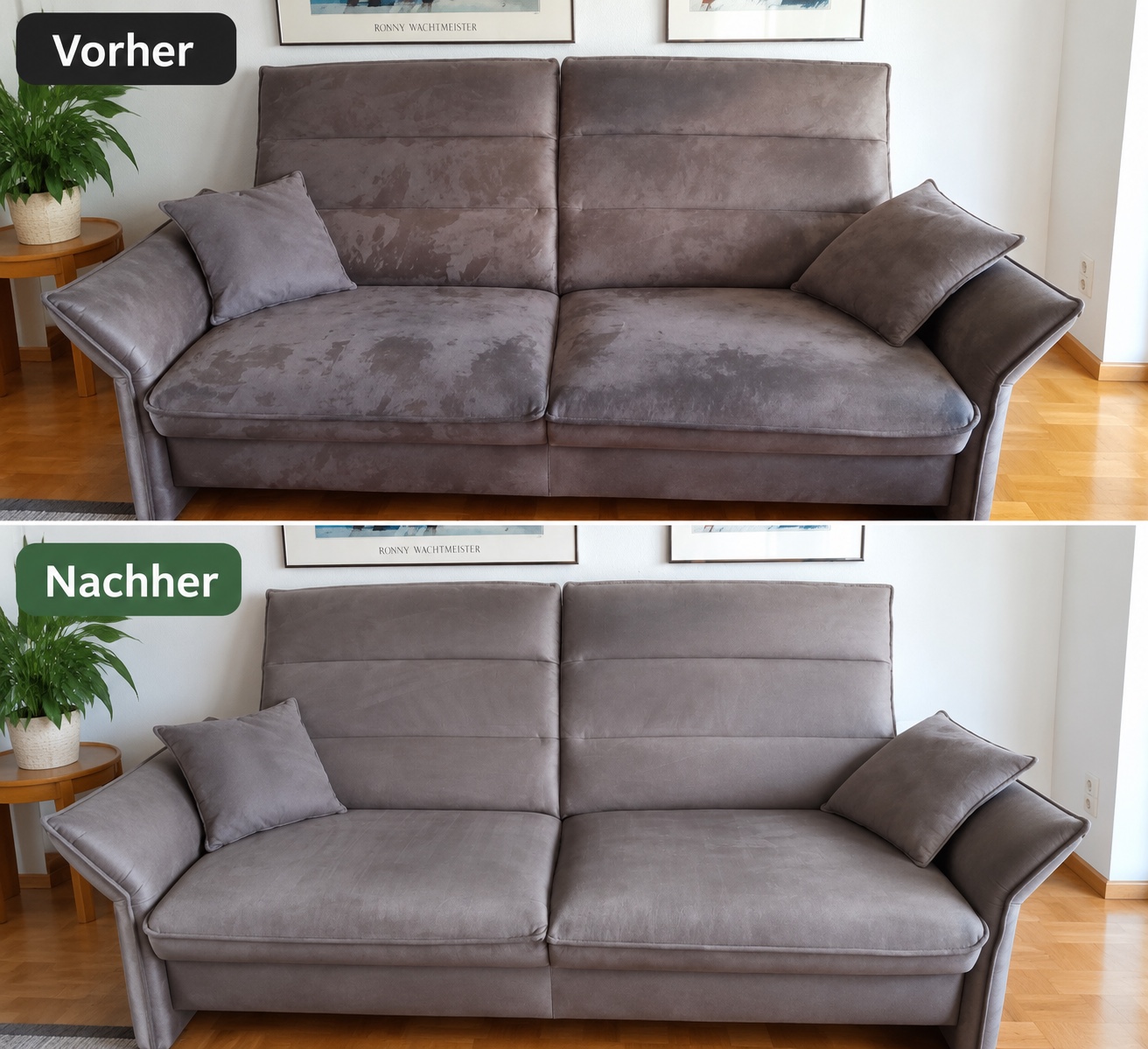 Sofa vor und nach der Polsterreinigung